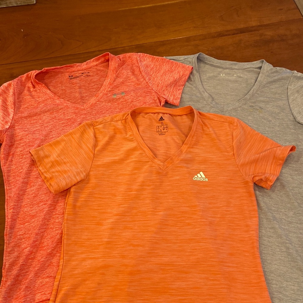 Three workout t-shirts - Under Armour and Adidas Women’s size S